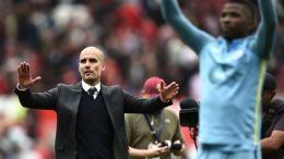 pep guardiola manchester city manchester derby celebrating premier league football 3783282